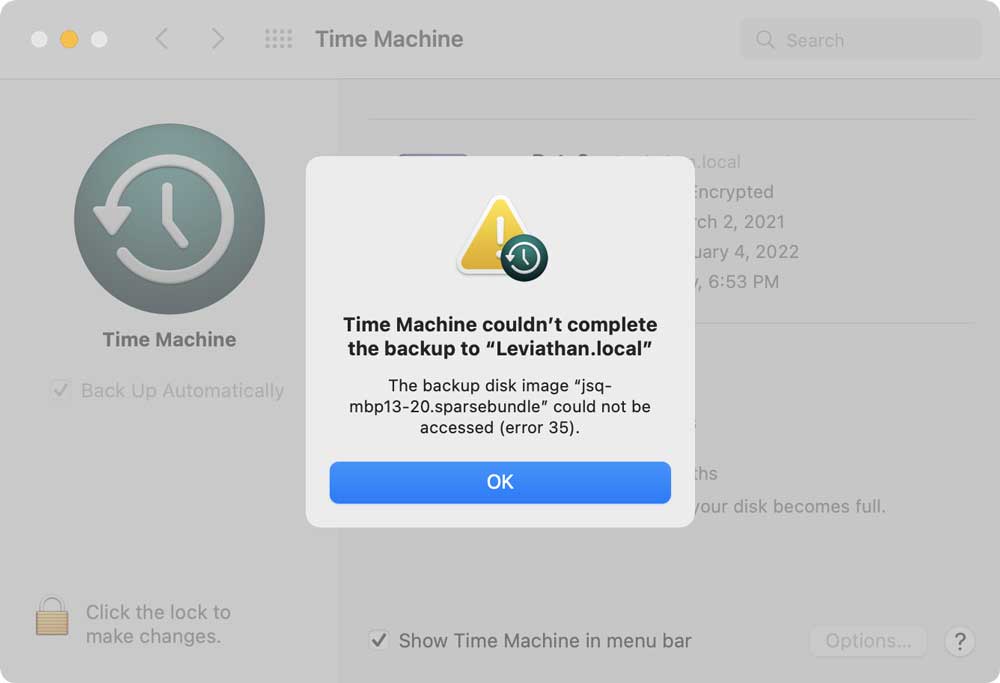 Time Machine backups failing on macOS Monterey