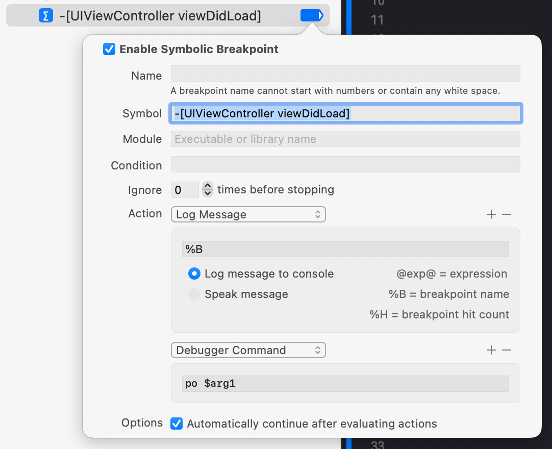 Symbolic breakpoint on viewDidLoad()