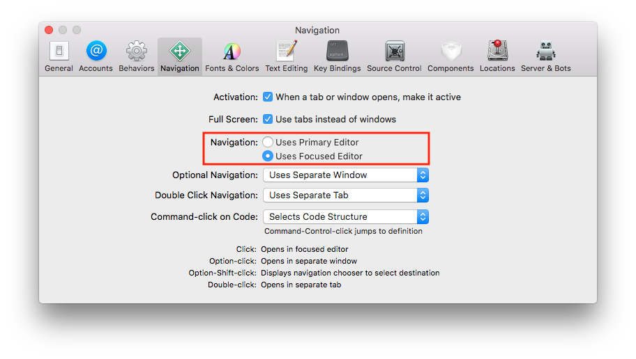 Xcode navigation settings