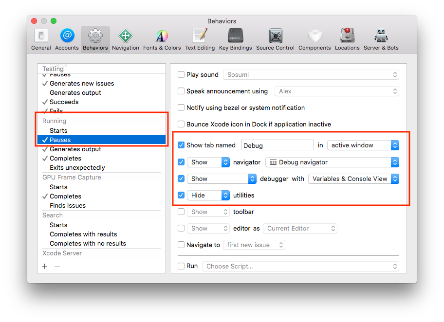 Xcode Behaviors settings Xcode Behaviors settings