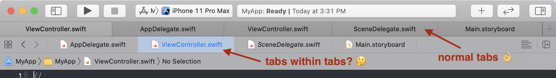 Xcode 12, tabs within tabs within tabs
